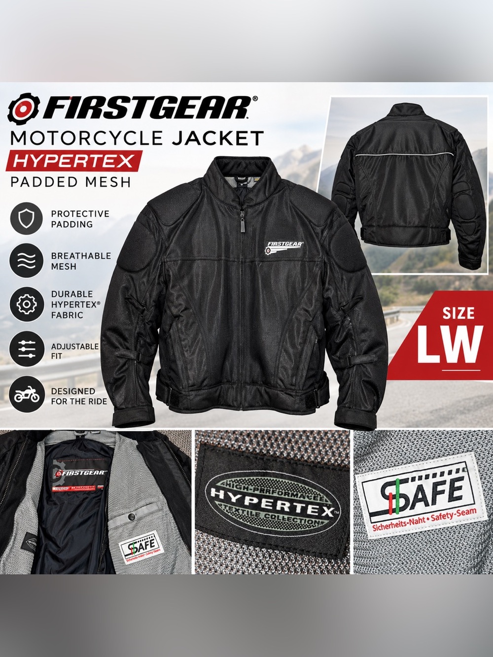 FirstGear Hypertex Padded Mesh Motorcycle Jacket Black Size LW